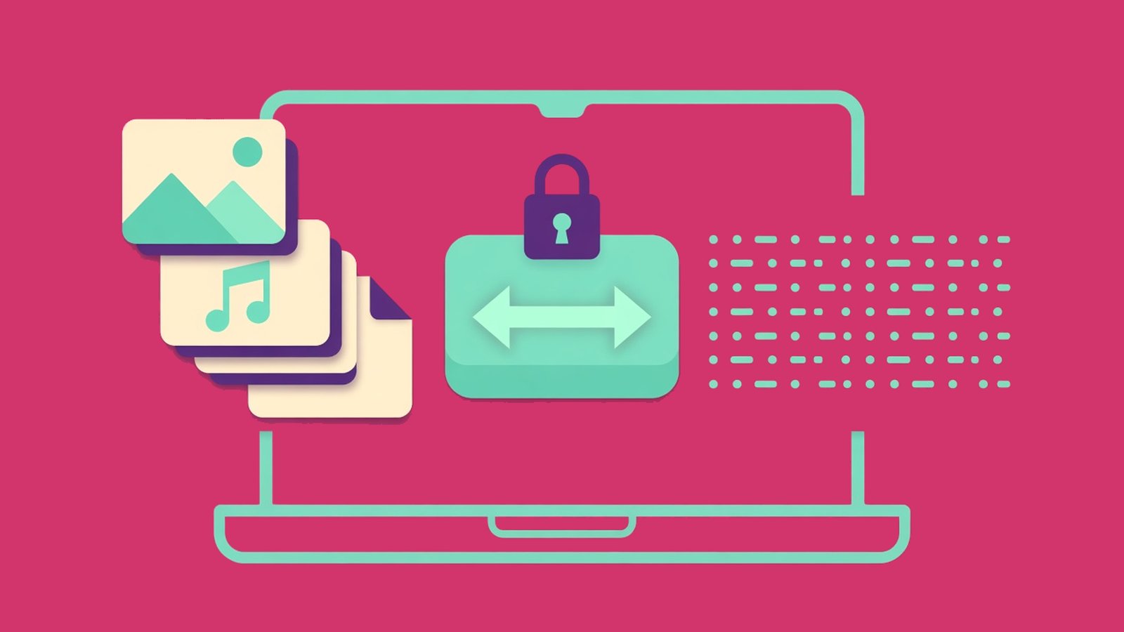 Photo, music and document file cards beside a two-way arrow converter with a padlock and rows of dots, in a laptop outline