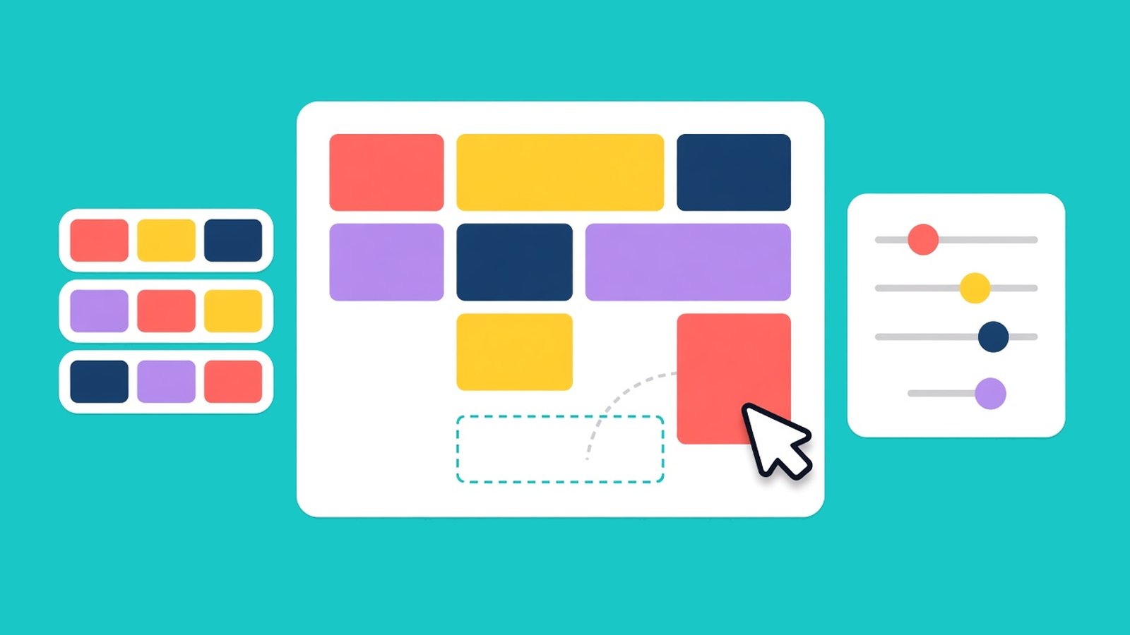 Grid of coloured blocks with a pointer dragging one into an empty slot, beside rows of blocks and a panel of sliders