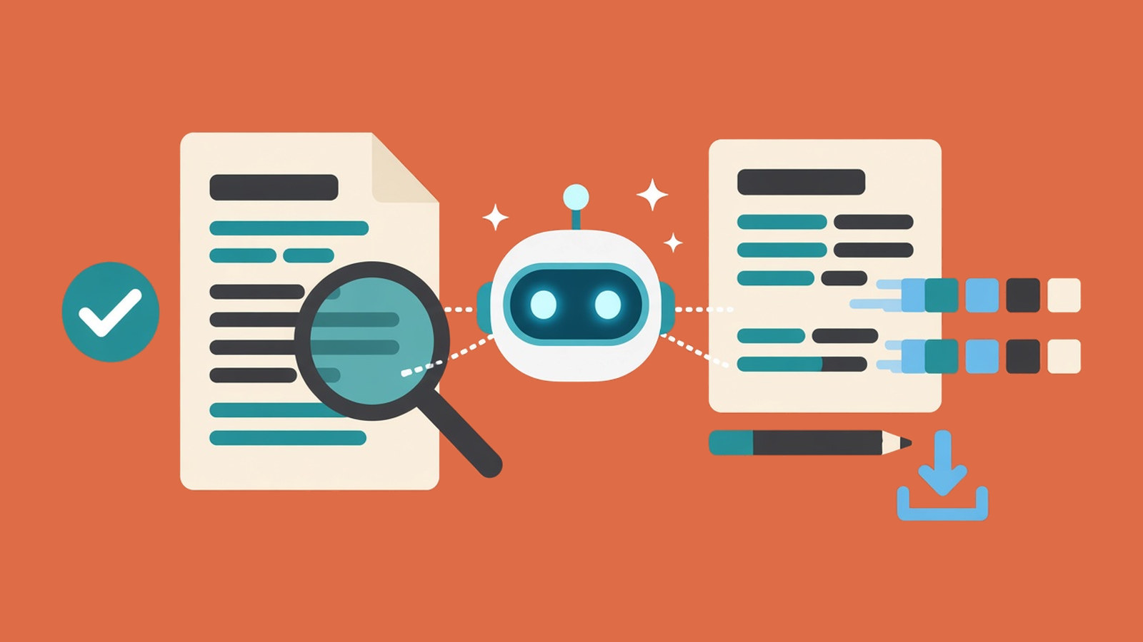 Flat illustration on a solid orange background of a friendly AI robot head with sparkles reading two documents, one checked under a magnifying glass with a tick, the other being built with a pencil and a download arrow