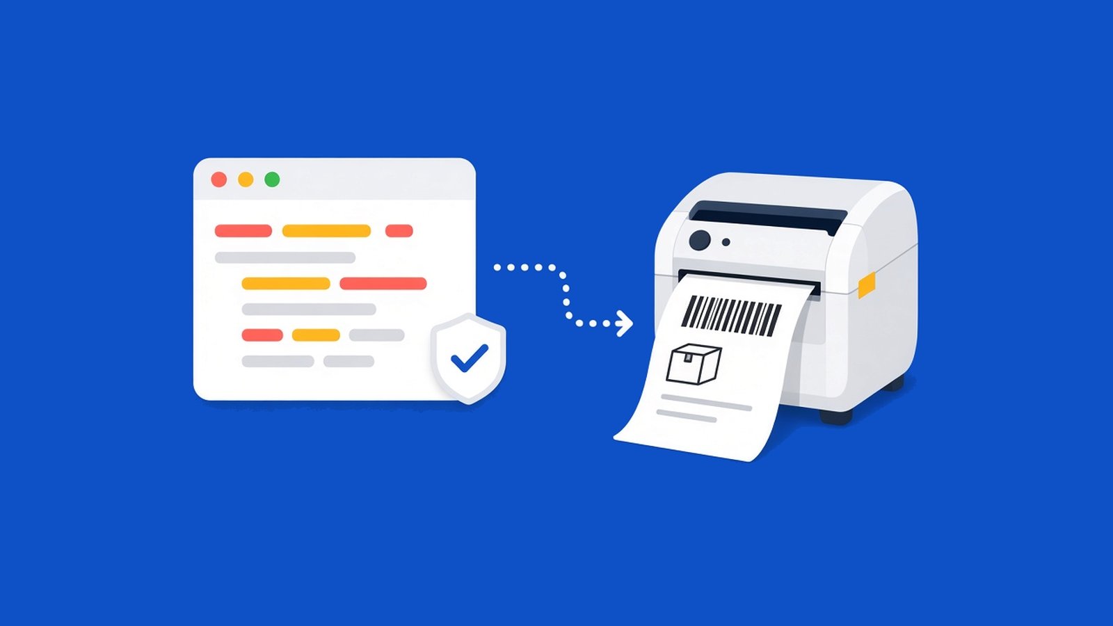 Browser window with coloured code lines and a shield tick, with a dotted arrow to a label printer printing a barcode label