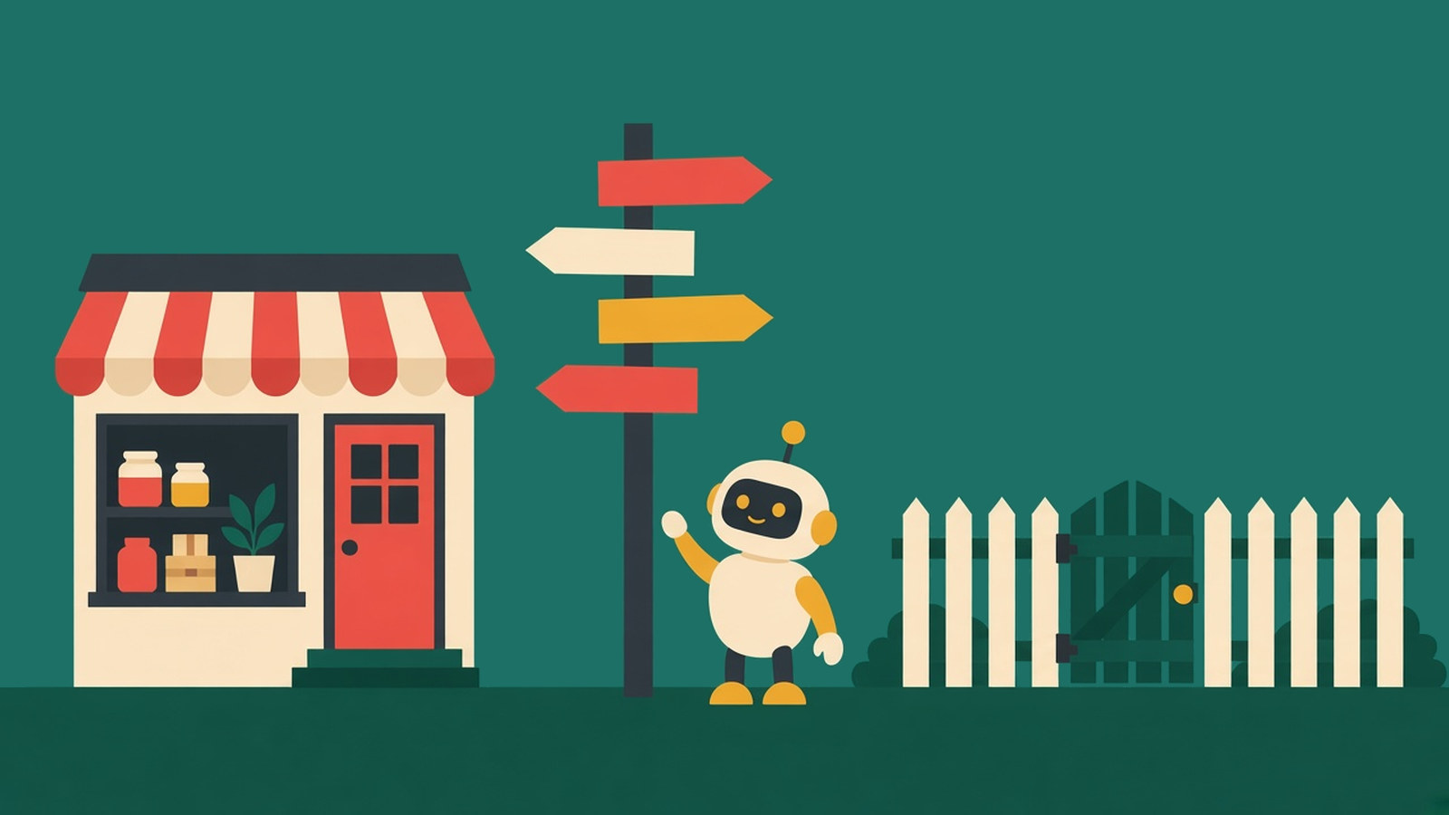 Flat illustration of a small shop front, a signpost with blank arrows and a closed garden gate on a solid green background, with a small robot looking up at the signpost